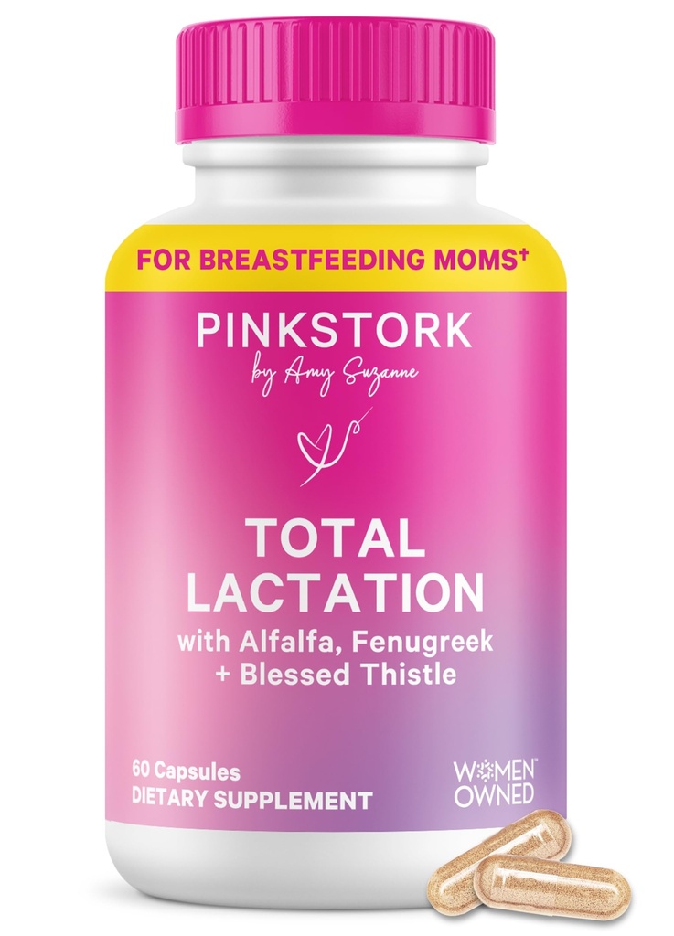 Pink Stork Total Borstvoeding Supplement voor Breast Milk Supply, Biologische Fenegriek en Alfalfa ter ondersteuning van borstvoeding, Melkstroom, en productie, Postpartum Essentials - 60 Capsules