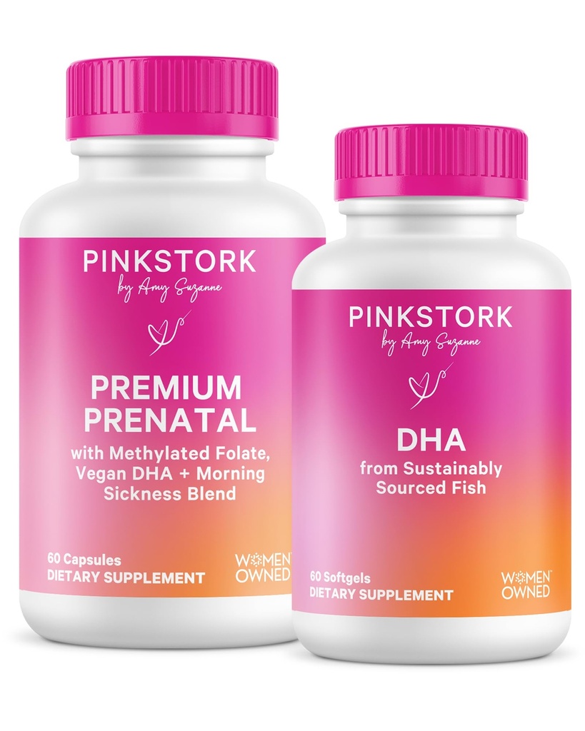 Roze Stork Premium Prenatale Duo: Premium Prenatale Vitamine + DHA, Prenatale Probiotica voor vrouwen, Omega 3 + Visolie, Prenatale Vitamine met DHA en Foliumzuur, Women-Owned