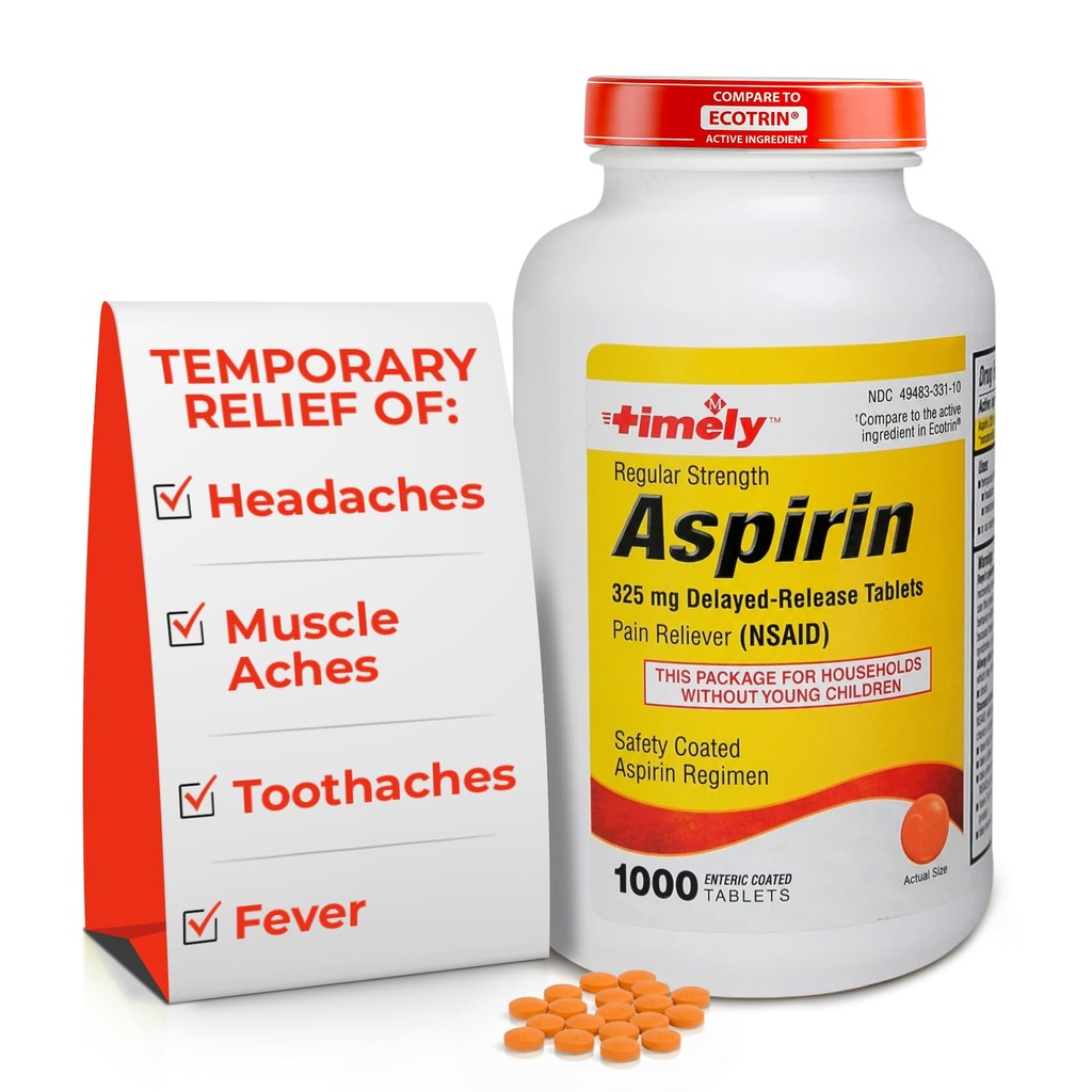 LABS TEMPORAIRE, INC. Aspirine à concentration régulière en temps opportun 325mg - 1000 comprimés enrobés entériques - anti-douleur pour les douleurs mineures, réducteur de fièvre - Fabriqué aux États-Unis