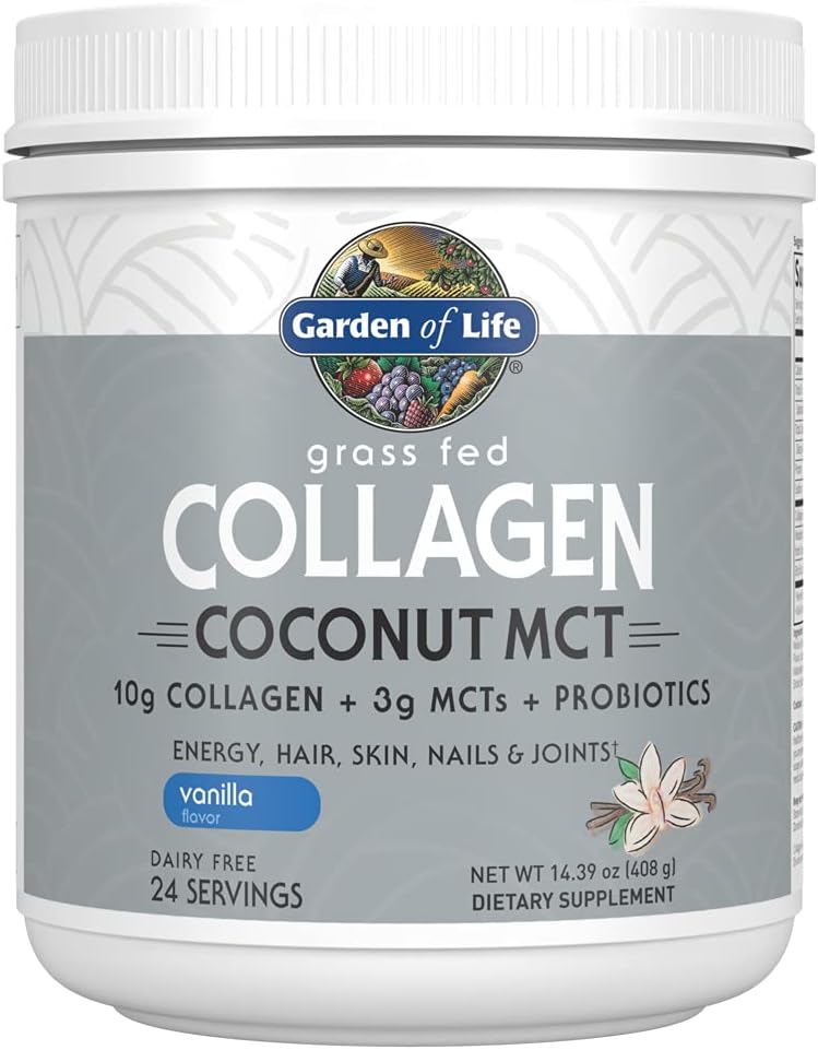 Jardin de la vie Herbe de Colagène en poudre de noix de coco MCT - Vanille, 24 portions, Collagène en poudre pour l'énergie des ongles de peau, Collagène en poudre de peptides, Coconut en poudre MCT, Collagène en protéines suppléments