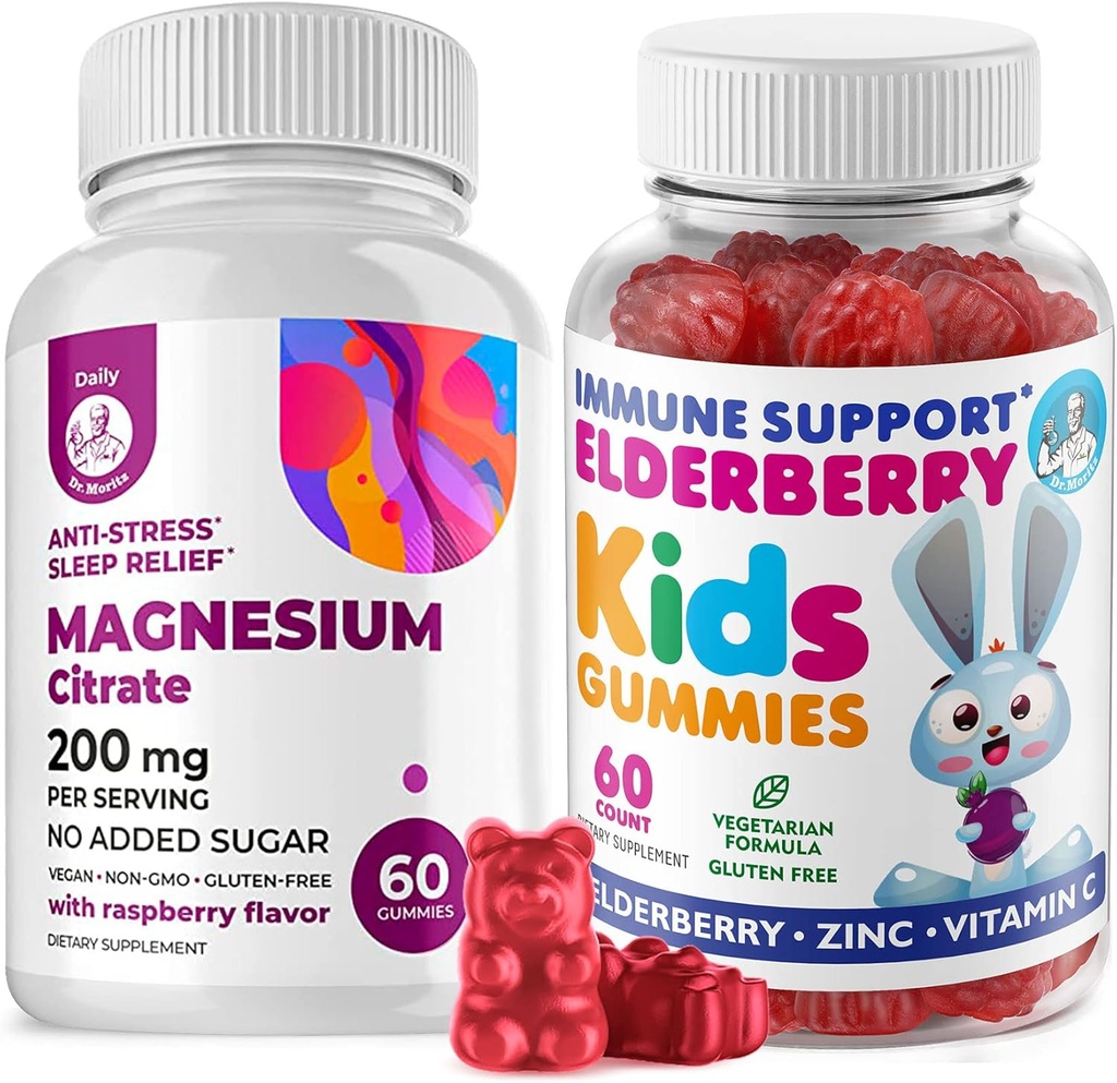 Vlierbessen Gummies voor kinderen en Magnesium 200 mg Gummies Sugar-Free - Gezonde Immuun Systeem Booster en gezondheid Ondersteuning met Vlierbessen Extract met Magnesium Kalm Kauwen voor kinderen & Volwassenen Suikervrije