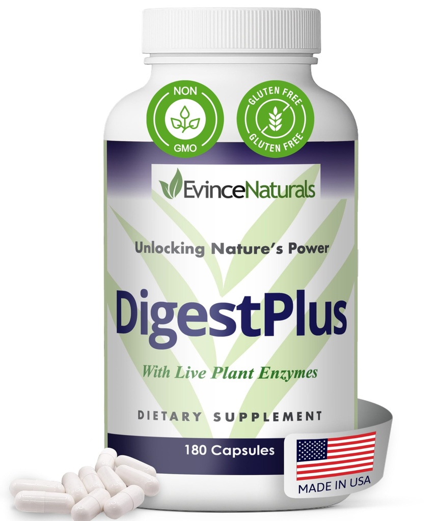 DigestPlus Enzymes digestifs - Enzymes à base de plantes pour le soutien de la digestion, aide à réduire le bloom et le gaz - Formule enzymatique pure pour l'absorption des nutriments - Supplément de digestion, 180 capsules