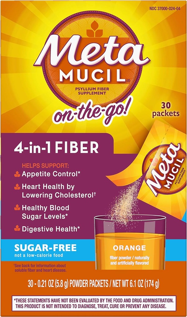 Metamucil Fiber 4-in-1 Psyllium Fiber Supplement Sugar-Free Powder Single-Serve Packets Orange Flavored Drink 2 Dozen van 30 Packets (OLD)