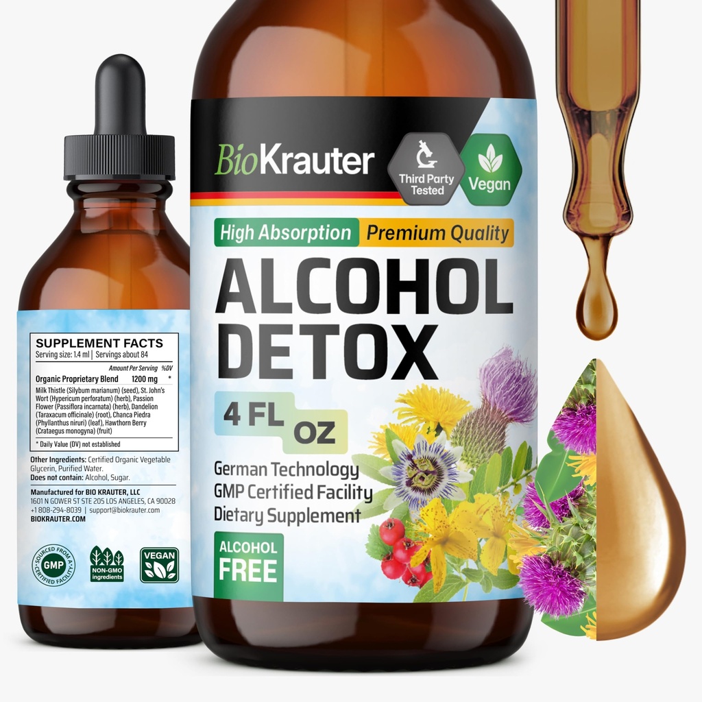 BIO KRAUTER Alcohol Detox Tinctuur - Liver Cleanse Formula - Milk Thistle & Dandelion - Liver Detox Liquid Extract - Alcohol and Sugar Free - Vegan Drops 4 Fl.Oz.