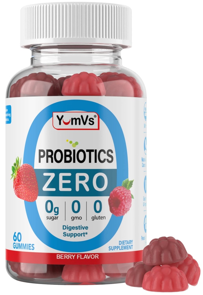 YUM-V'S - Gummies probiotiques de sucre zéro pour la santé digestive - Probiotiques sans sucre pour les femmes, les hommes et les enfants - Gummies probiotiques de santé de Gut pour les adultes et les enfants - Suppléments de gummy de soutien digestif - 60ct