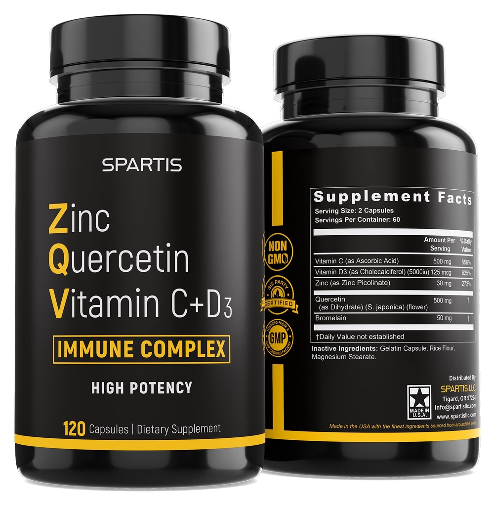 Zink quercetine 500 mg met vitamine C Vitamine D3 Bromelaine Immune Support High Potency quercetine Zink Supplement ZQV door SPARTIS (verpakking van 1 fles op 120-Caps)