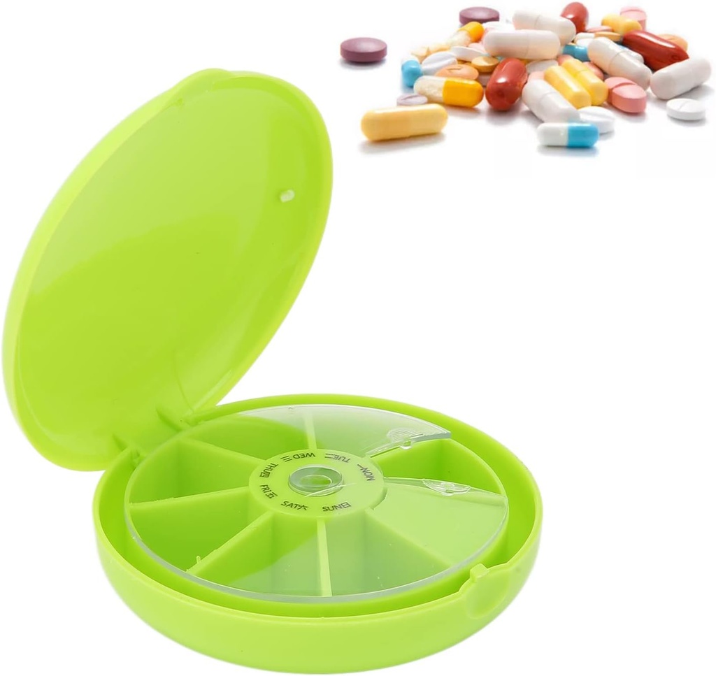 7 Jour Pills Conteneur, Sept Grilles Pills Box Organisateurs Rond 7 Compartiments Boîte de voyage pour la maison Pills Cas de médicaments Outil de rappel de semaine quotidienne (vert)