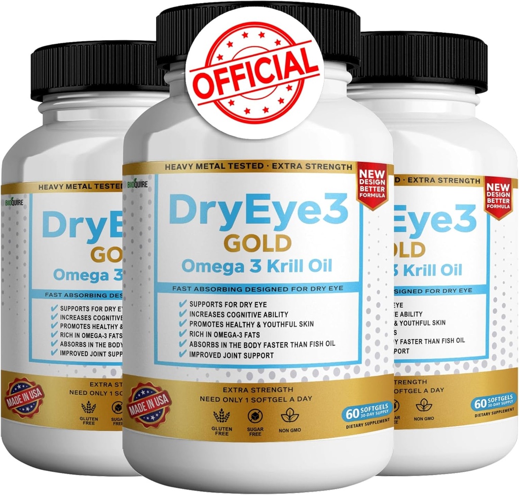 Droge Eye 3 Gold Omega 3 Krill Oil Extra Sterkte, 60 Softgels, Droge oogondersteuning, Non-GMO, Glutenvrij, Suikervrij (3)