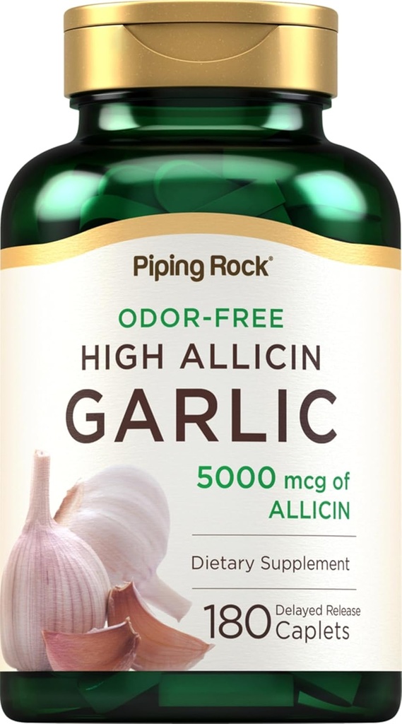 Piping Rock geurloze knoflook pillen met hoge allicin 180 Caplets 