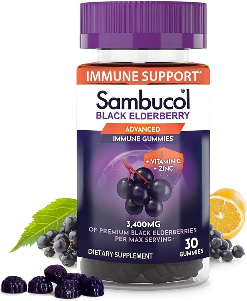 Sambucol Gummies de baies aînées noires - Elderberry avec du zinc et de la vitamine C pour les adultes, Gummies de Sambucus, soutien immunitaire - 30 comtes