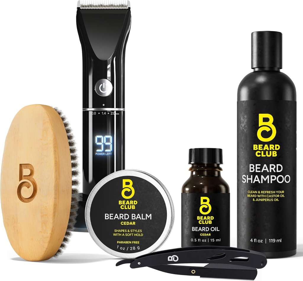 The Beard Club Grooming Bundle: Trimmer for Men & Care Kit - Inclusief Cordless Electric Trimmer, Straight Edge Razor, Shampoo, Cedar Balm & Oil, Brush - 8 gidsen, 45 lengtes