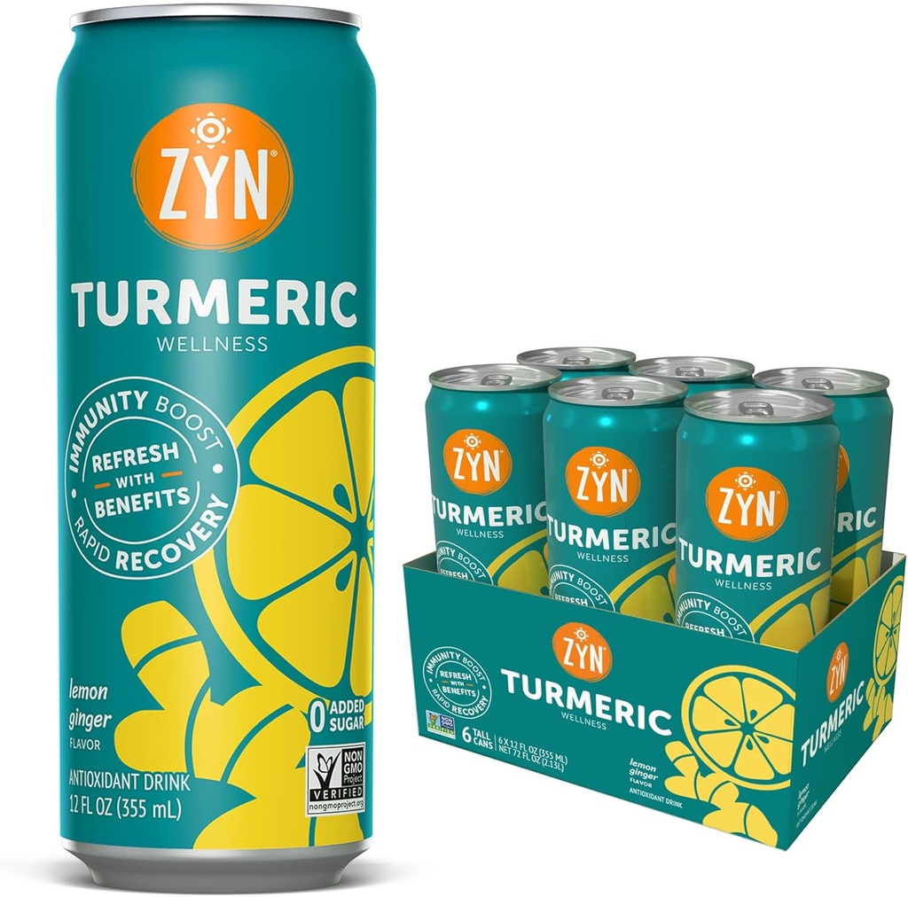 ZYN Kurkuma Wellness Drink (6 Pack), Citroen Ginger Gearomatiseerde Kurkuma Curcumin Drink met zwarte peper, Geen toegevoegde suiker, Low Carb & Low Calorie Drink, Clean Alternatief