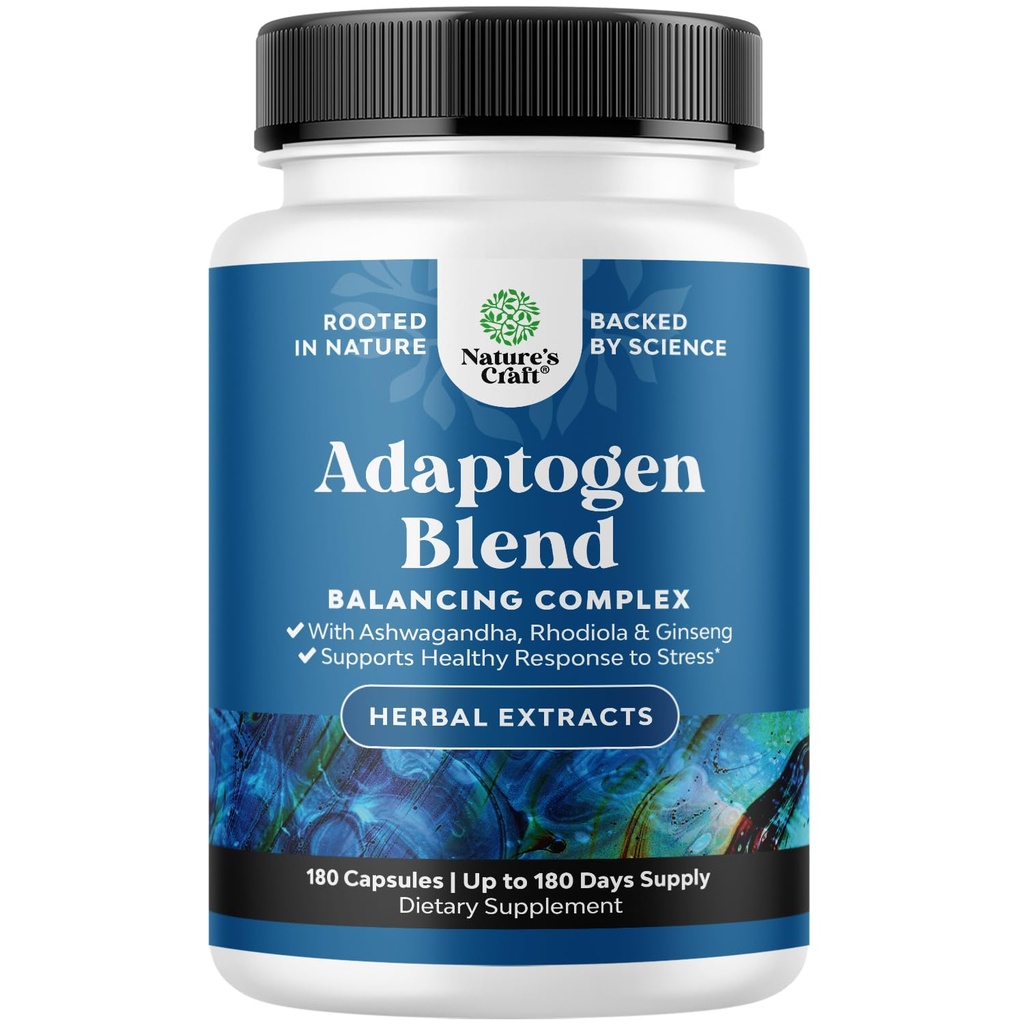Herbal Adaptogen Mood Support Supplement - Calming Adaptogens Supplement for Stress & Cortisol Management with Ashwagandha Rhodiola Rosea & Maca Root - Vegan Non GG & Daytime Friendly -180ct