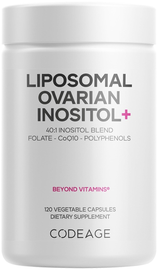 Codeage Liposomal Ovarian Inositol+ Supplement - Myo-Inositol & D-Chiro-Inositol 40:1 Blend, Folaat 5-MTHF, CoQ10, Granaatappel en wilde bosbessen, Liposomale levering, Non-GMO, Glutenvrije - 120 capsules