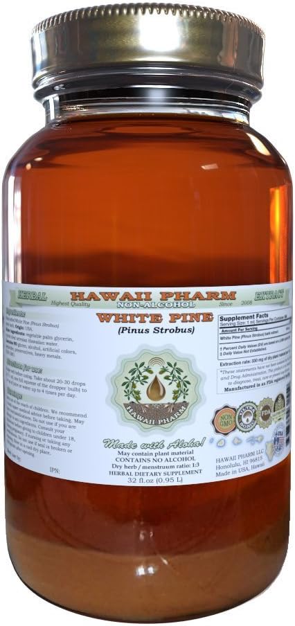 Extrait liquide sans alcool de pin blanc, pin blanc (Pinus Strobus) glycérite séchée glycérite supplément à base de plantes naturelles, Hawaii Pharm, États-Unis 32 fl.oz