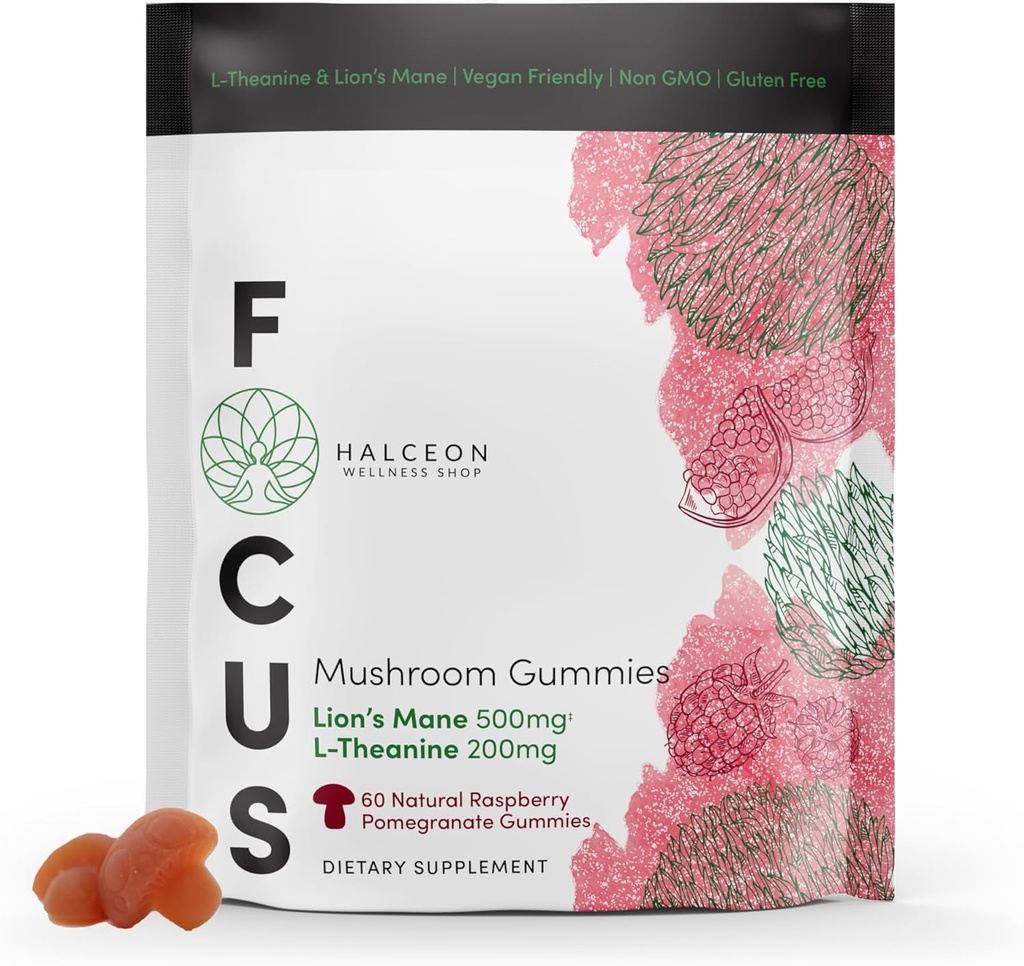 Halceon Wellness Mushroom Gummies - Lion's Mane Mushroom and L-Theanine Supplement for Brain Health - Nootrope Mushroom Supplement - Non-GMO Vegan Lion Mane Mushroom Gummies for Focus - 60 Tellen