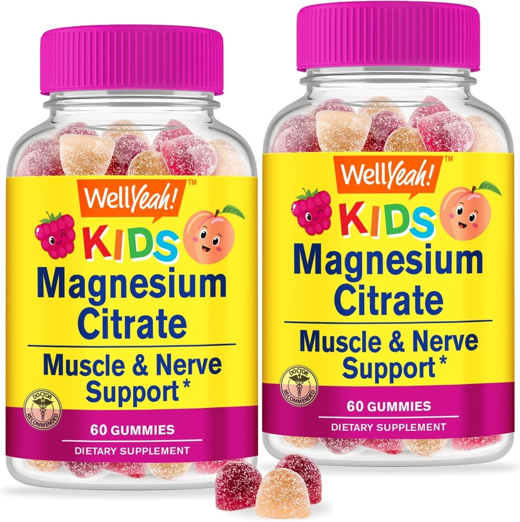 WellYeah Magnesium Citrate Gummies voor kinderen (2 Pack) - Kauwbare Stress Relief Supplement voor kinderen - natuurlijke rust, goede ondersteuning, non-GMO, Glutenvrij - natuurlijke oorsprong smaken - 60 Gummies