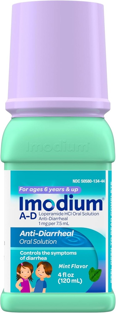 Imodium A-D Children's Liquid Anti-Diarree Geneeskunde met Loperamide HCl, Oral Solution for Diarree Symptoom Treatment & Control for Kids Ages 6+, Mint Flavor, 4 fl. oz