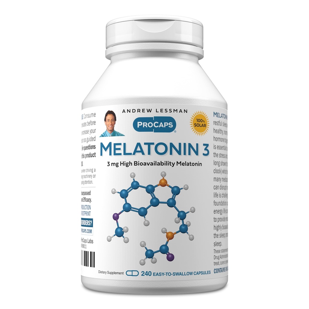 ANDREW LESSMAN Melatonine-3 mg - 240 Capsules - Fysiologisch evenwichtige niveaus om natuurlijk rustgevende slaap te bevorderen. Reguleert Daily Circadian Rhythm. Vergemakkelijkt slaap. Geen ochtend kater