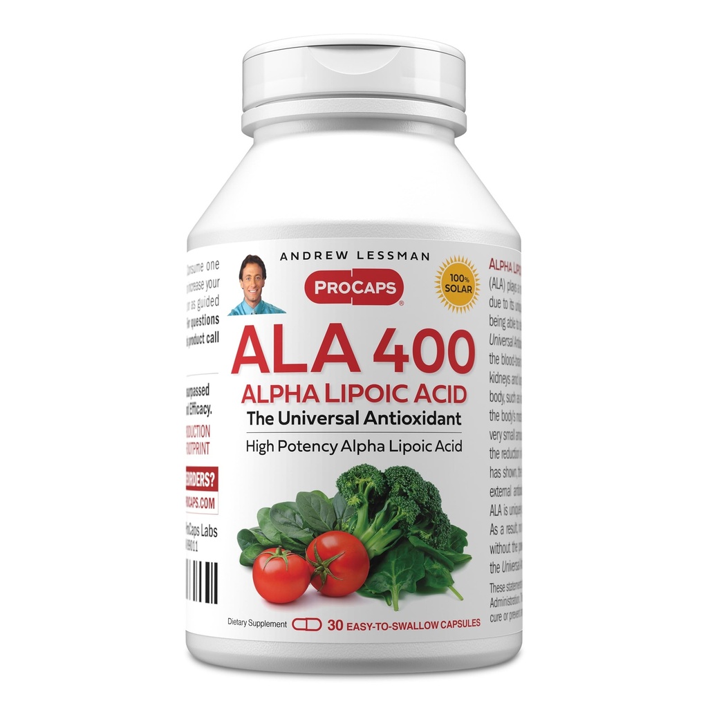 ANDREW LESSMAN Alpha Lipoïnezuur ALA 400mg - 30 Capsules - The Universal Anti-Oxidant, Ultra-High Potency, Geen additieven