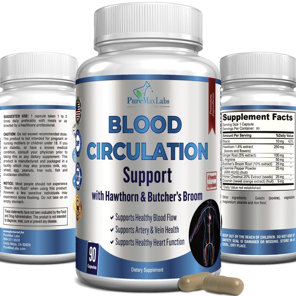 Bloedcirculatie Supplement - met Hawthorn, Butchers Broom, Horse Chestnut, Arginine, Diosmin, Varicose Veins Behandeling, Circulatie Ondersteuning - 90 Capsules
