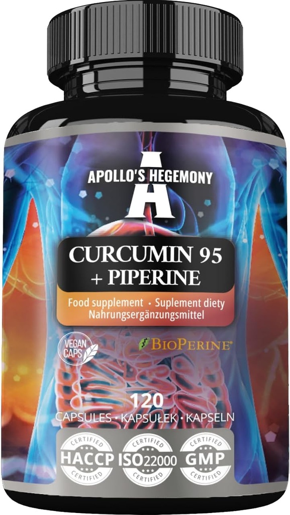 APOLLO'S HEGEMONY Curcumin 95 + Piperine 302 mg per capsule, Hoge sterkte Kurkumawortelextract 95%, 120 Vegan Capsules, 4 maanden bevoorrading, voor optimale spijsvertering en verbeterde absorptie