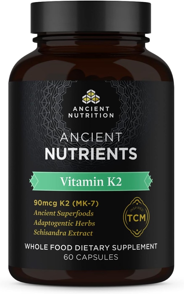 Vitamine K2, K2-90mcg K2, Herbes Adaptogènes, Enzyme activé, Soutient la fonction cardiovasculaire, Paléo & Keto Friendly, 60 Capsules