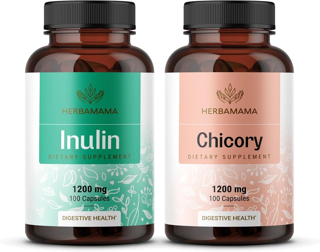 HERBAMAMA Inuline en Chicory Kit - bundel van 1200 mg Inulin Fiber & 1200 mg Chicory Root Capsules - Vegan, Non-GMO, Gelatine-Free - 2 Pack