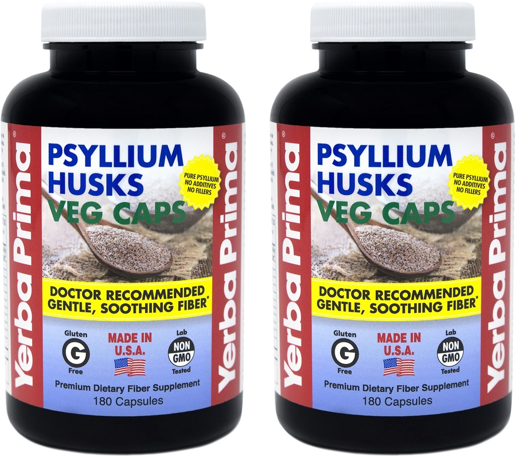 Yerba Prima Psyllium Husks Veg Caps - 180 Tel (2 Pack) (625mg) - Veganistisch, Non-GMO, Glutenvrij, Colon Cleanser, Dagelijks vezelsupplement voor Gut Health & Regularity