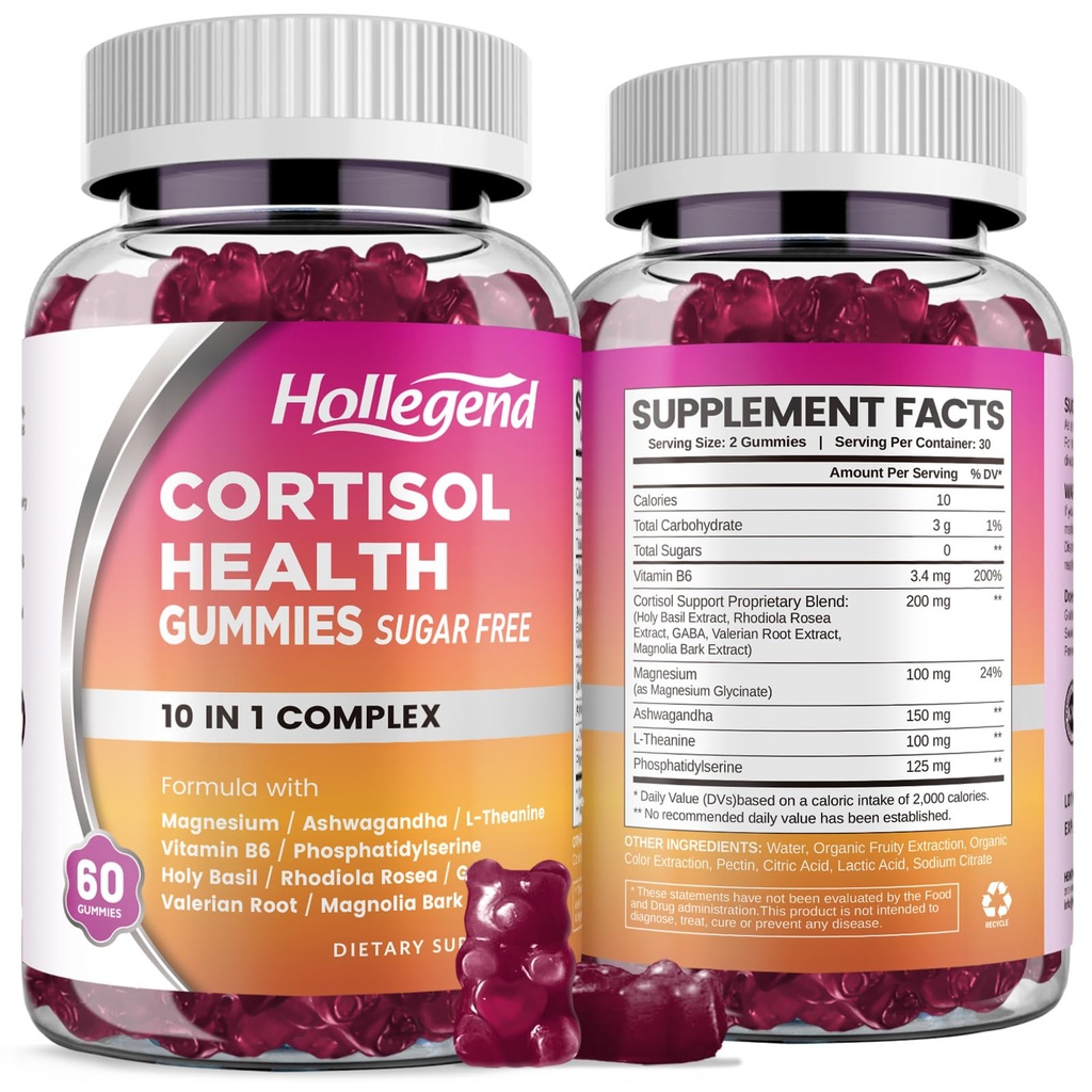 Cortisol Supplementen voor vrouwen mannen, Cortisol Gummies met Ashwagandha, Magnesium, L-Theanine, Fosfatidylserine, B6 voor Cortisol Detox, Ontspanning, Slaap, Focus, Suikervrij, Veganist, 120