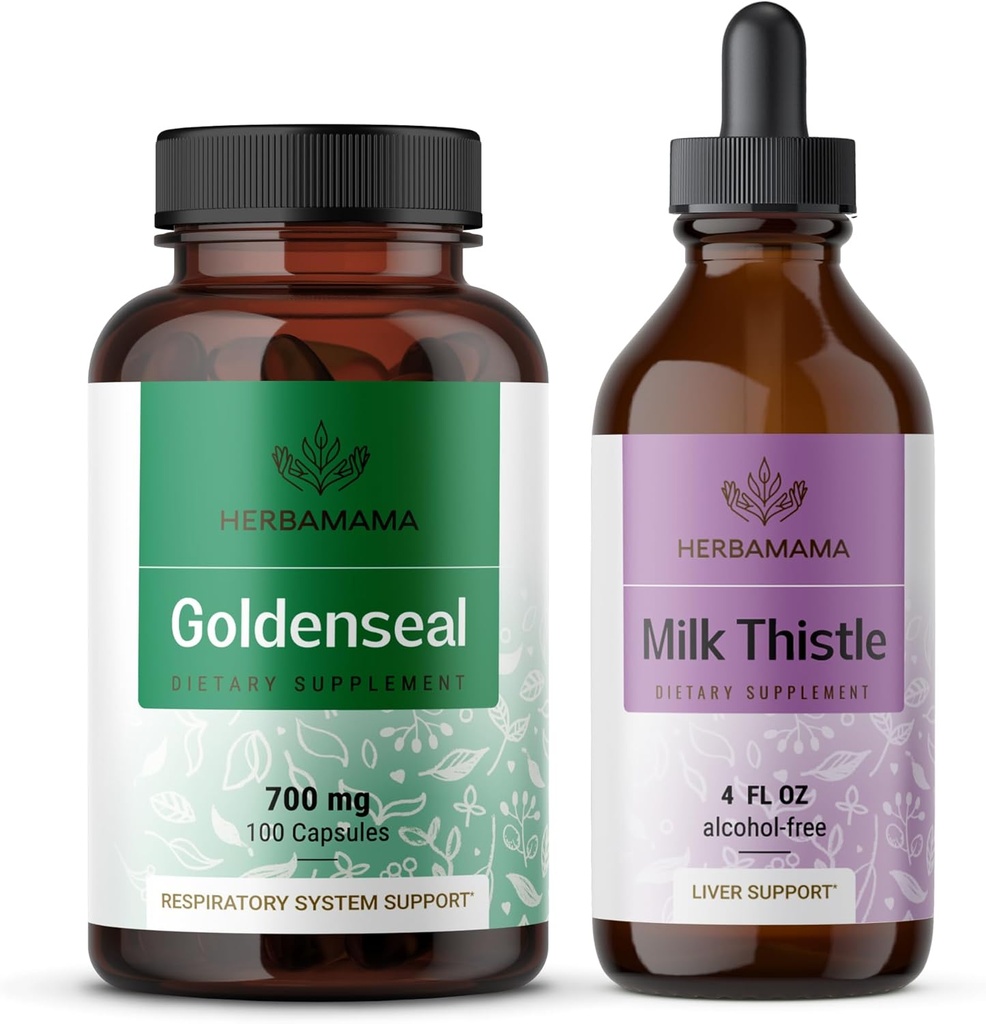 HERBAMAMA Goldenseal en Milk Thistle Kit - bundel van 700 mg Goldenseal Root Capsules en Milk Thistle Tinctuur 2 fl oz - Vegan, Non-GMO, Sugar & Alcohol-Free - 2 Pack