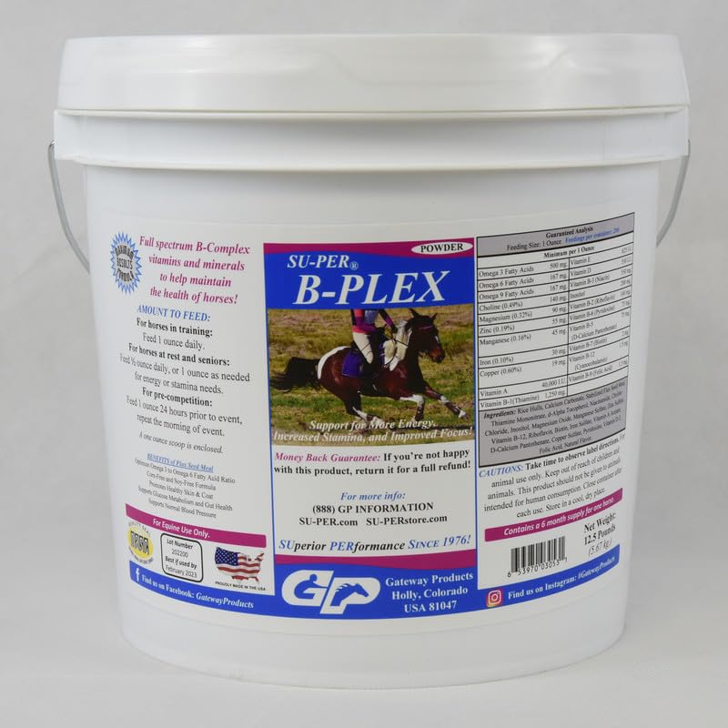SU-PER B-Plex Powder Equine Vitaminen - Complete B-Complex Paardenvitaminen en Mineralen Supplement - gezonde hoeven, rode bloedcellen, paardenkalmerende poeder - 12,5 pond, 6 maanden levering (180 dagen)