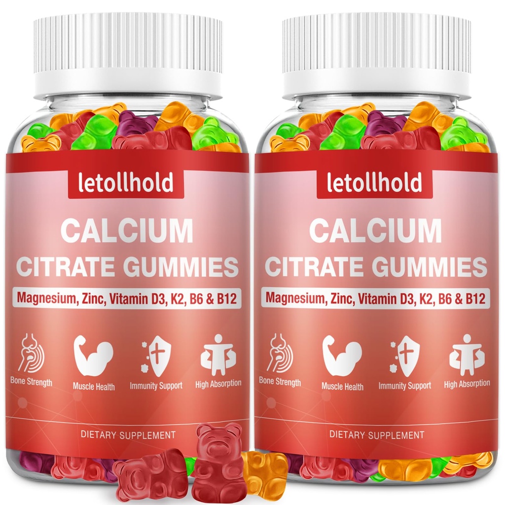 Calcium citraat Gummies - 1200mg Calcium Gummies met Magnesium Zink Vitamine D3,K2, B6, B12 voor bot, spier, gewrichten, Immuun Ondersteuning, Hoge Absorptie Calcium Supplementen voor Vrouwen & Mannen 2 Packs