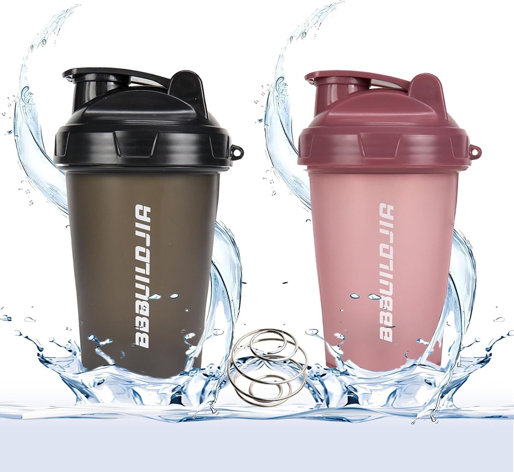 2 PACK Shaker Bottle Holds upto 17oz, Blending Ball Whisk, Portable Pre Workout Protein Drink Cup, Mixes Cocktails Smoothies Shakes, BPA Free & Dishwasher Safe Black/Pink