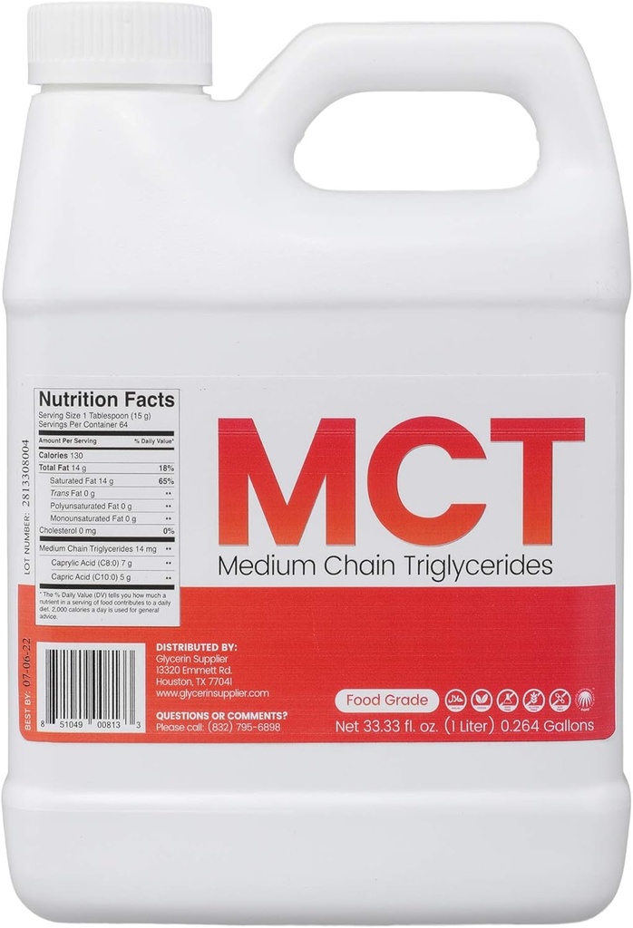Glycerine Leverancier MCT Oil - 1 Liter (33.33 Oz.) Food Grade - Non GMO - Halal - Vegan - Sustainable Palm Afgeleid - voor Tincturen, Sport Voeding, Keto of Paleo Dieet, Clean Energy