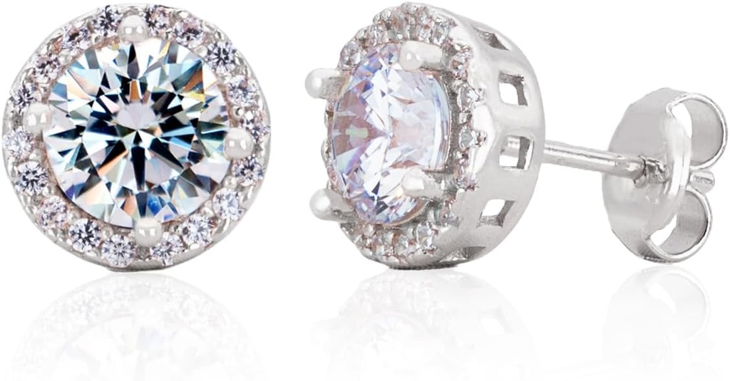 Sterling Silver Handcrafted Zircon Gemstone Halo 9mm Stud Earrings