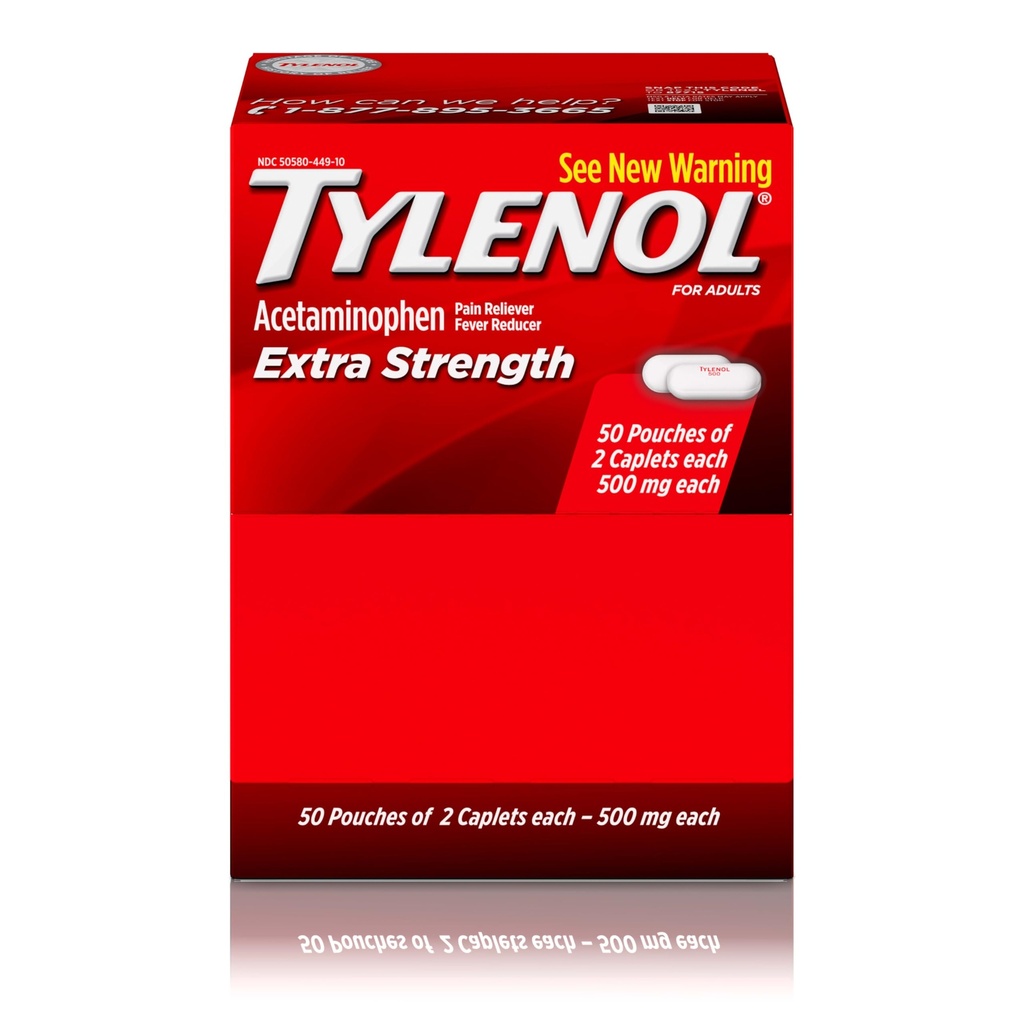 Tylenol Extra sterkte Acetaminofen Caplets, 500 mg, pijnverlichting en koorts Reducer voor hoofdpijn, rugpijn, tandpijn, menstruele krampen en pijn, reisvriendelijke verpakking, 2-Caplet zakjes, 50 Tel.