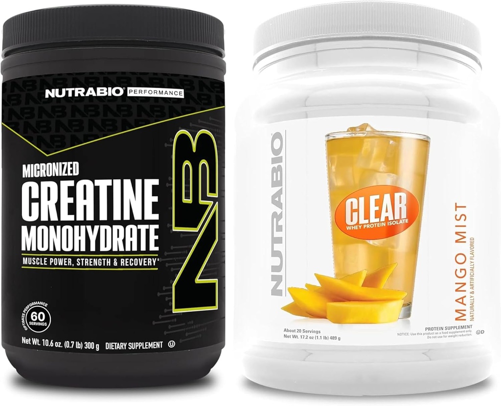 NutraBio Creatine Monohydrate, non aromatisé, (300 g) et Isolate de protéines de lactosérum clair, (Mango Mist) Supplement Bundle – Énergie musculaire, croissance maximale, récupération et force