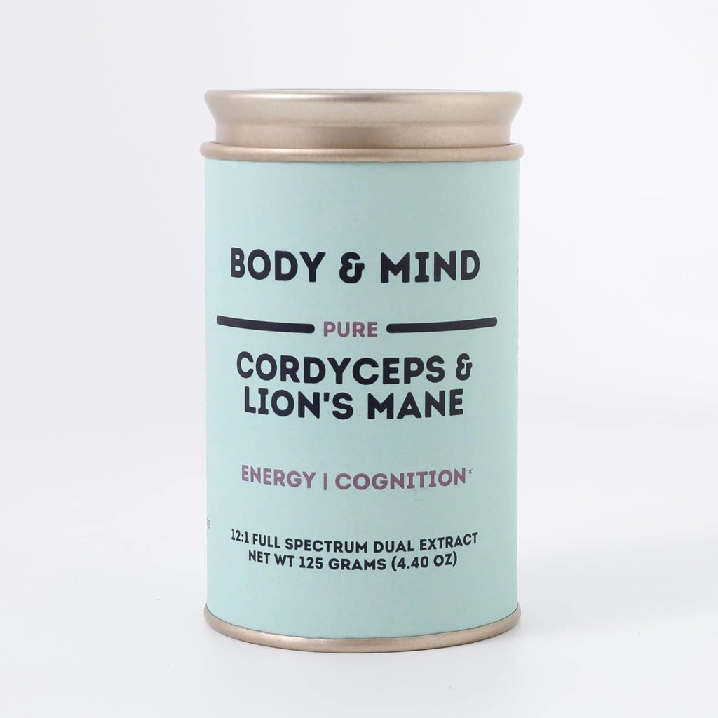 Body & Mind - Pure Organic Lion's Mane & Cordyceps Paddestoelen 12:1 Dual Extract - Focus, Cognition, Energy, Endurance - 100% Fruitlichamen - Toevoegen aan Water/Tea/Koffie/Smoothies - 125 Gram