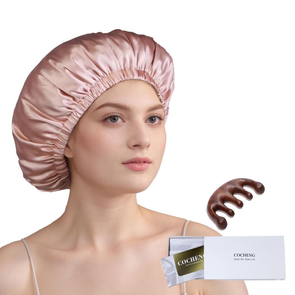 Bonnet en soie 100% Mulberry pour les femmes endormies Cheveux longs -Couvercle de sommeil double -Silk Sleep Bonnet avec élastique Stay On Head (Pink, Large)