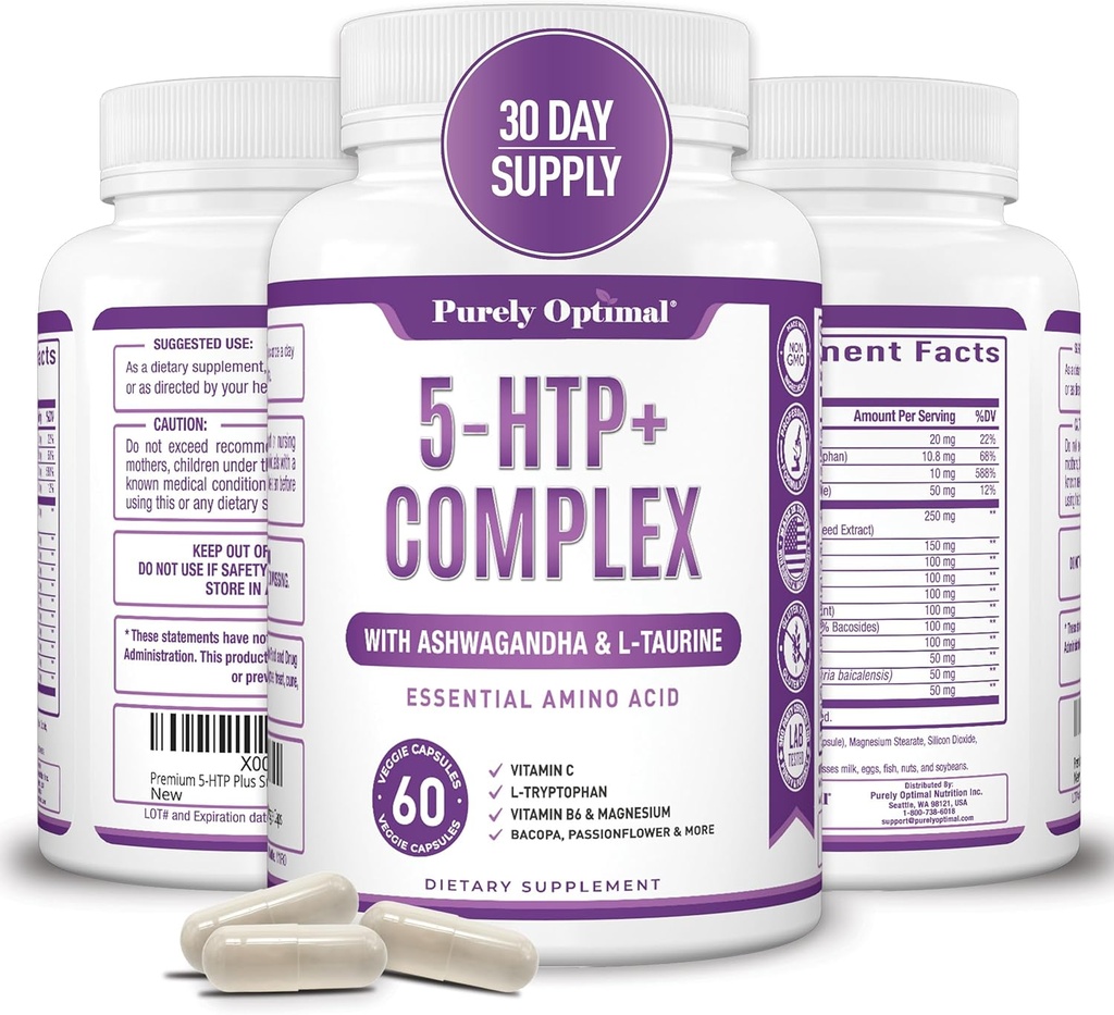 Premium 5-HTP Plus Supplement 250mg Maximale sterkte - Slaaphulp, Mood Boost, bevordert kalmte en ontspanning, stress management ondersteuning - verbeterd met vitamine B6, Glutenvrij, niet-GMO, 60 Veggie Caps
