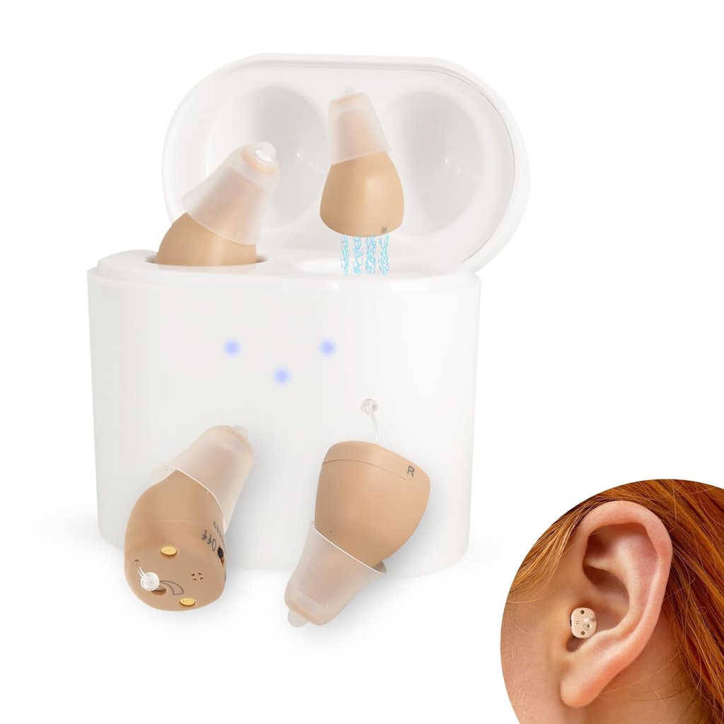 BEVI Hearing Aids for Adults Seniors with Charging Case, OTC Hearing Aids Rechargeable for Adults Seniors Rechargeable with Noise Cancelling, Invisible Hearing Aid Beige,1 Pair