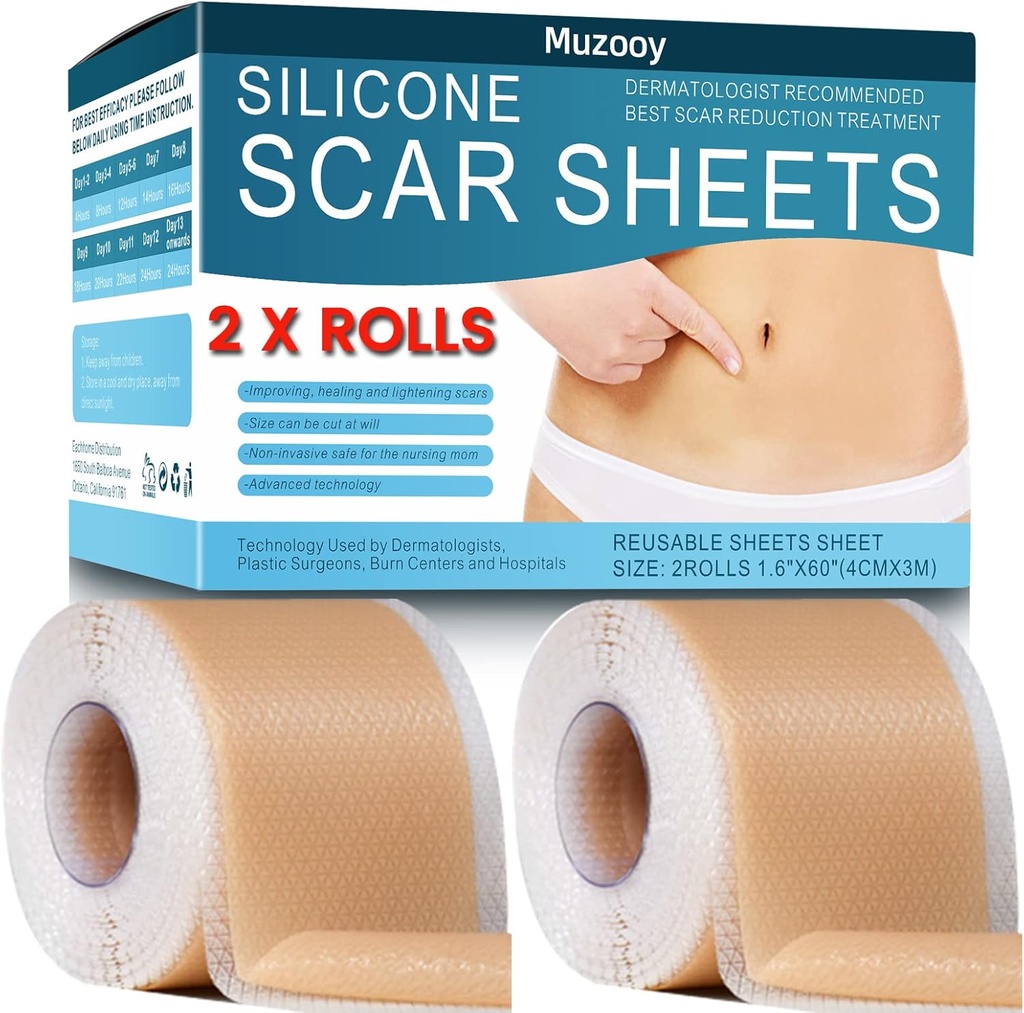 Feuilles de cicatrices en silicone (2 rouleaux), rubans de cicatrices en silicone de qualité médicale, bandes de suppression de cicatrices pour l'acné, brûlures de cicatrices de section C et de chirurgie kéloïde Feuilles de traitement - 8 mois d'approvisionnement