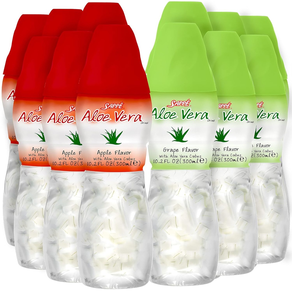 Jus d'aloe vera (Grape et pomme) Boissons d'aloe vera avec des morceaux plus gros de pur pulpe d'aloe (12 paquets) Jus à base de plantes excellent pour l'hydratation et contient une grande pulpe d'aloès. Le jus d'aloe vera est sain