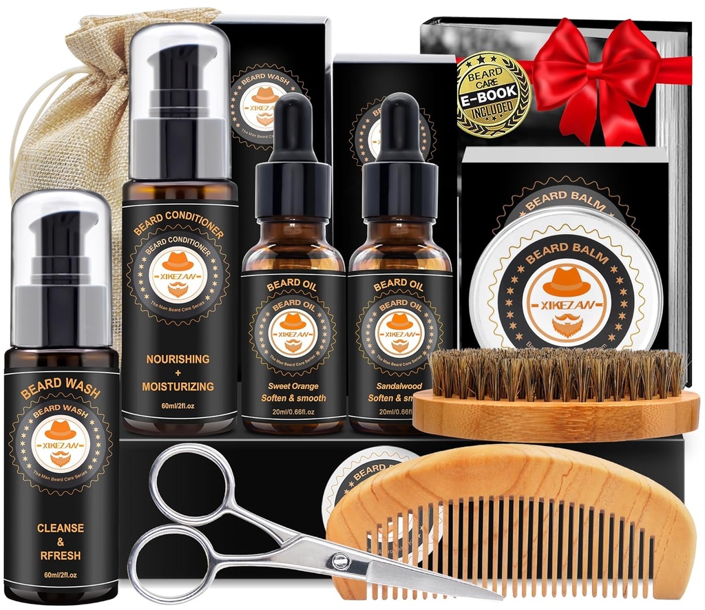 XIKEZAN Baard Kit voor mannen Grooming & Care w/Baard Conditioner, Wash, Olie, Balsem, Borstel, Comb,Birthday Fathers Valentijnsgeschenken voor mannen Zijn vader echtgenoot vriendje kerstcadeau Heren Stockeren Stuffers