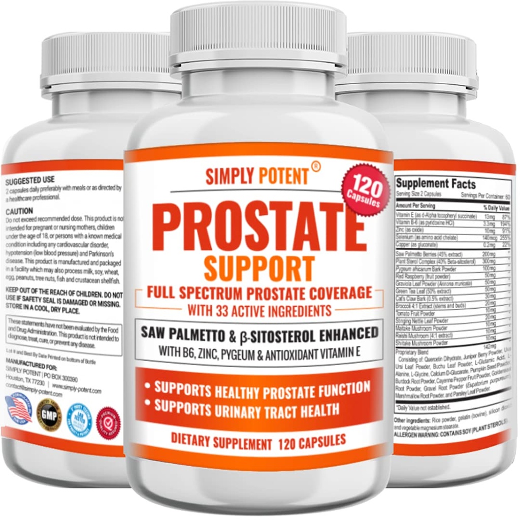 Prostaatsupplementen voor mannen (120 capsules), Saw Palmetto Prostate Health Support - 33 vitamines en kruiden - Beta Sitosterol Plus B6, Selenium en zink voor gezonde urinefrequentie en goede slaap