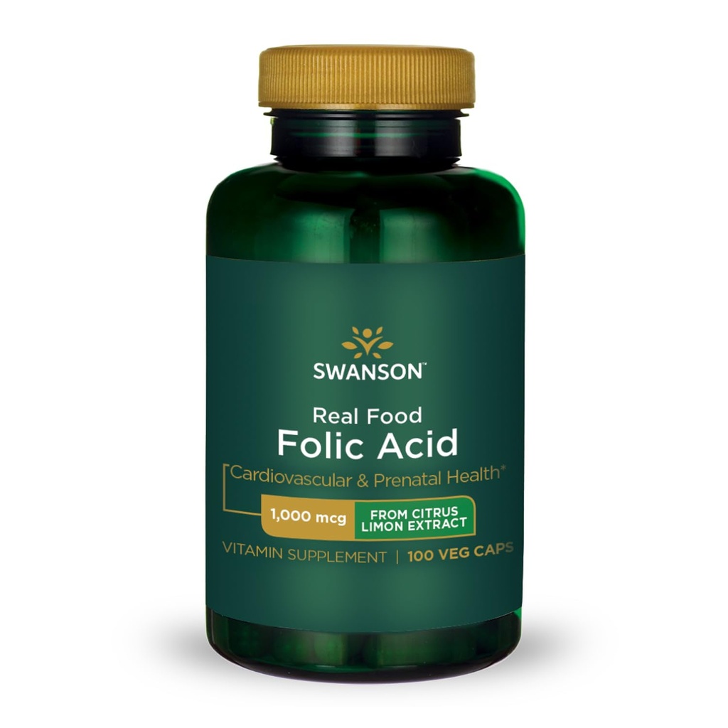 Swanson Real Food Folic Acid Folate Vitamine B-9 Santé cardio-vasculaire prénatale de l'extrait d'agrumes Limon Vegan sans gluten B9 1000 mcg 100 Capsules de légumes (Caps)