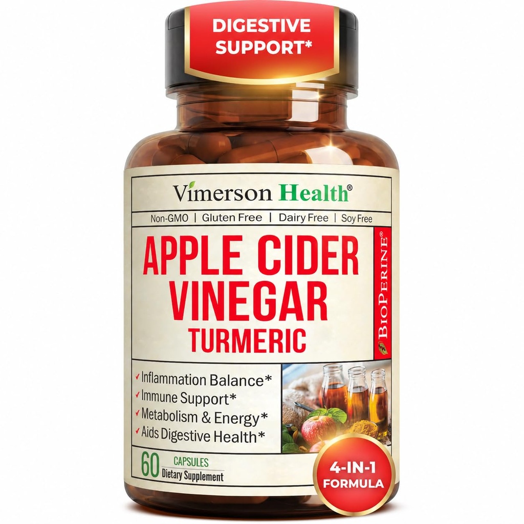 Biologische Apple Cider Vinegar met Kurkuma Curcumin Supplement & Gember voor de spijsvertering gezondheid, Metabolisme, energie en gezamenlijke ondersteuning - Biologische Kurkuma & Apple Cider Vinegar Capsules. 60 Vegan Non-GMO Caps
