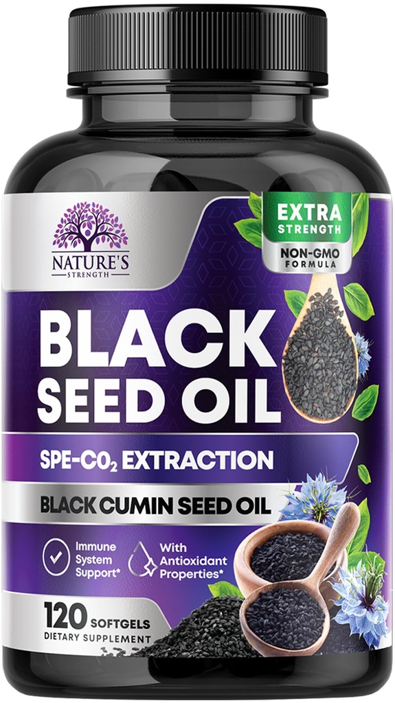 Capsules d'huile de graines noires 1000mg avec la thymoquinone - Nigella pure Sativa pour la santé de la peau et le soutien immunitaire, 100% huile de graines noires, Extraction étonnante au-dessus des graines de cumin noir pressées à froid - 120 Softgels
