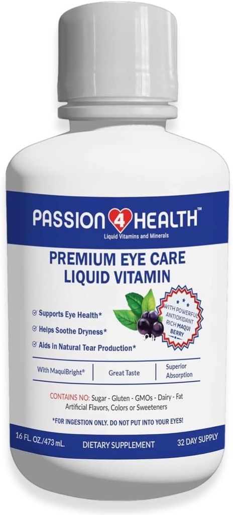 Passion 4 Health Liquid Eye Vitamins - Natural Vision & Adult Eye Care Supplement - Premium Support with Maqui Berry Extract, Glutenvrij, Non-GMO, No Sugar - 30-Day Supply, Made in USA